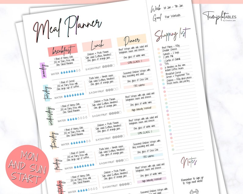 Meal Planner Printable, Weekly Food Diary, Meal Tracker, Food Journal, Menu Plan & Prep, BONUS Grocery List Diet, Fitness, Health, Pink image 7