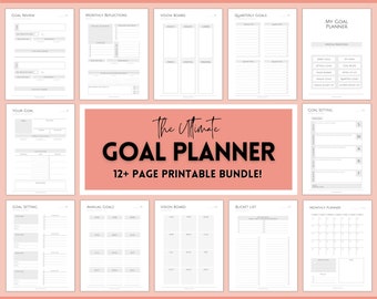 Goal Planner BUNDLE, 2024 Goals Tracker, SMART Goal Setting Kit, New Year, Monthly Habits Reflections, Productivity, Vision Board Printables