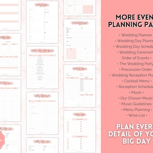 May include: A printable wedding planning checklist with pink floral accents. The checklist includes pages for wedding day schedule, ceremony order, reception planner, and more. The text "Plan Every Detail of Your Big Day" is at the bottom of the page.