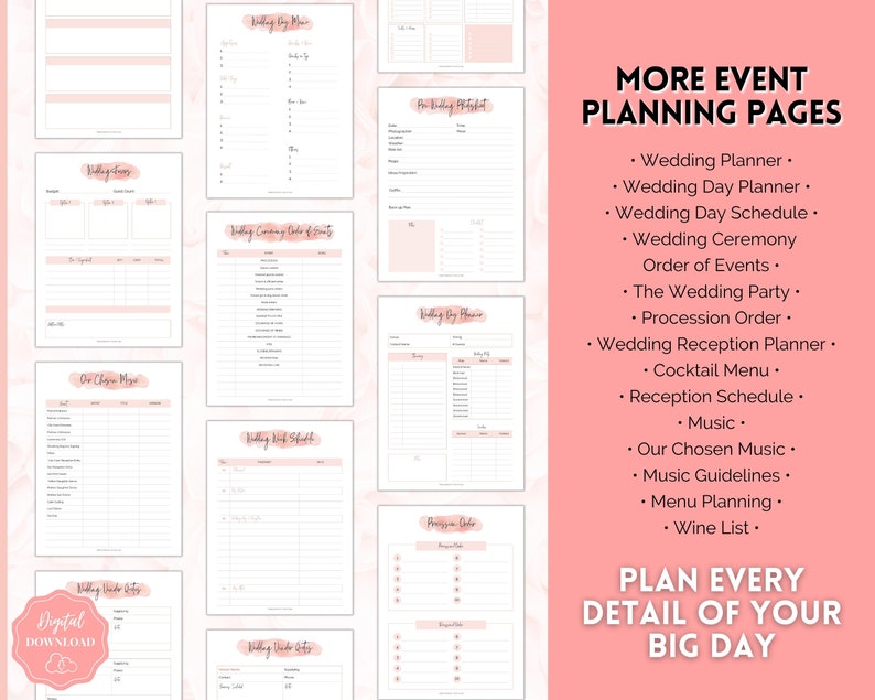May include: A printable wedding planning checklist with pink floral accents. The checklist includes pages for wedding day schedule, ceremony order, reception planner, and more. The text "Plan Every Detail of Your Big Day" is at the bottom of the page.