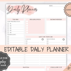 EDITABLE DAILY PLANNER | To Do List | Printable Productivity Day Planner for Work | Work Day Diary Insert | Template | Pdf, Excel | Organize