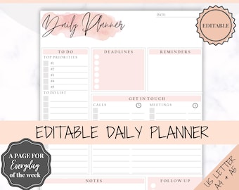 EDITABLE DAILY PLANNER | To Do List | Printable Productivity Day Planner for Work | Work Day Diary Insert | Template | Pdf, Excel | Organize