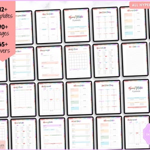 May include: A digital download of a social media planner with 12+ templates, 90+ pages, and 45+ covers. The planner is designed with a colorful, rainbow-themed design. The text "ALL HYPERLINKED!" is displayed in the top right corner of the image.