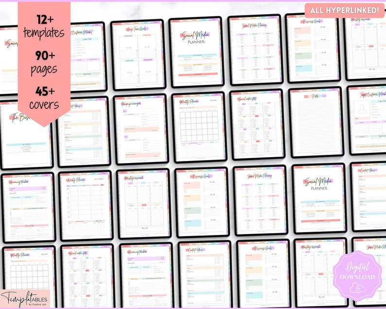 May include: A digital download of a social media planner with 12+ templates, 90+ pages, and 45+ covers. The planner is designed with a colorful, rainbow-themed design. The text "ALL HYPERLINKED!" is displayed in the top right corner of the image.