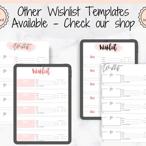 May include: A digital tablet displaying a printable wishlist template with a pink watercolor background. The template includes sections for item name, brand, price, and links. The text "Wishlist" is written in a handwritten font.