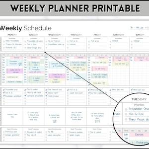 Puede incluir: Un planificador semanal imprimible con un diseño colorido. El planificador está dividido en días de la semana, con secciones para prioridades, horario, tareas y notas. El planificador incluye una sección para ejercicio, fotografía y otras actividades.