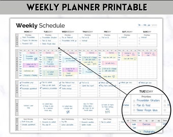 Puede incluir: Un planificador semanal imprimible con un diseño colorido. El planificador está dividido en días de la semana, con secciones para prioridades, horario, tareas y notas. El planificador incluye una sección para ejercicio, fotografía y otras actividades.