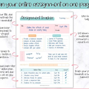 May include: A printable assignment tracker with a light blue and pink colour scheme. The tracker includes sections for title, due date, grade, objectives, resources, progress, and a free space to brainstorm. The title of the assignment is "Outline the effects of social media on society today".