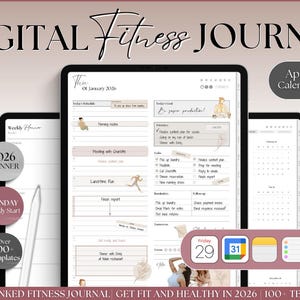 Puede incluir: Diario de fitness digital que se muestra en varias tabletas. El diario presenta un diseño limpio y minimalista con integración de calendario. La imagen incluye el texto "Digital Fitness Journal" y "2026 Planner".
