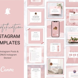 Könnte beinhalten: Ein Set mit 25 rosa und weißen Instagram-Post-Vorlagen und zusätzlichen Instagram-Story-Vorlagen zur Verwendung mit Canva. Die Vorlagen bieten eine Vielzahl von Designs, darunter eine Benachrichtigungsglocke, ein Memo, einen Countdown-Timer und eine Selbsterinnerung.
