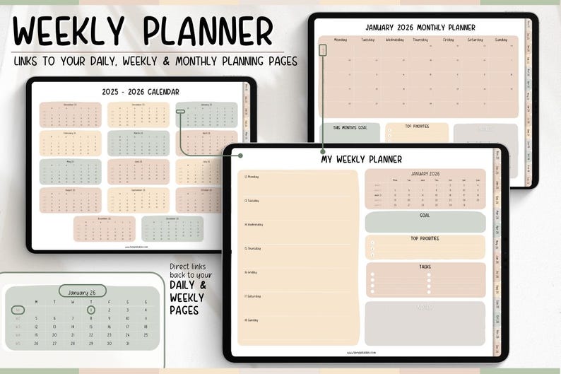 2026 Digital Daily Planner for Goodnotes in Soft, Neutral, Green Theme ...