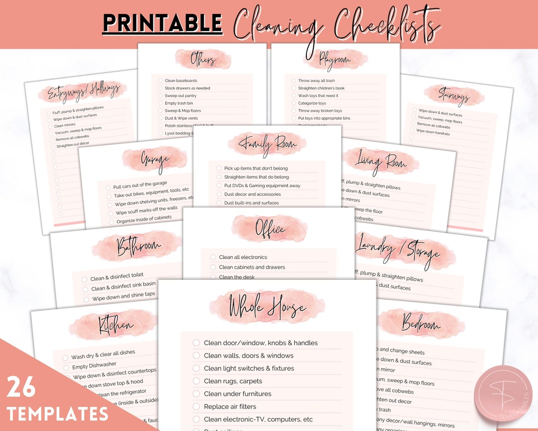 Room by Room Cleaning Cards, Printable Family &amp; Kids Cleaning Checklist ...