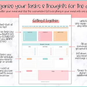 May include: A printable daily planner with a pink, blue, and orange color scheme. The planner is divided into sections for "Must Do", "Could Do", "Want to Do", "Calls", "People I Should Message", "Email", "Follow Up", "Create", "Notes", and "Space to Brain Dump Any Additional Notes". The planner also includes a section for tracking tasks and a section for keeping a list of things to do tomorrow.