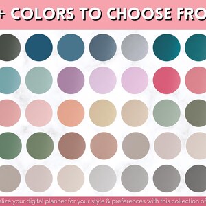 May include: A collection of 35+ color swatches in various shades of blue, green, pink, purple, brown, and gray.  The colors are displayed in a grid pattern on a white marble background.  "35+ COLORS TO CHOOSE FROM!" is written in bold, white text on a pink background at the top of the image.  "Personalize your digital planner for your style & preferences with this collection of covers!" is written in black text at the bottom of the image.