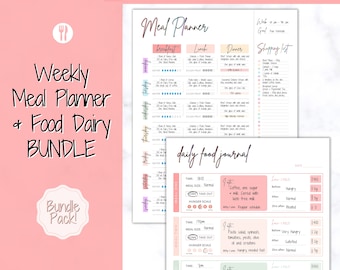 Colorful Meal Planner Printable BUNDLE, Weekly Food Diary, Meal Tracker, Daily Food Journal, Menu Plan, Prep! Grocery, Fitness Diet Wellness