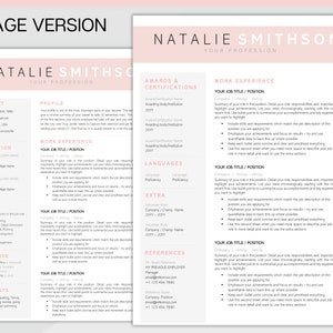 K&ouml;nnte beinhalten: Eine rosa und graue Lebenslaufvorlage mit dem Namen Natalie Smithson oben. Der Lebenslauf enth&auml;lt Abschnitte f&uuml;r Kontaktinformationen, Ausbildung, F&auml;higkeiten, Expertise, Interessen, Auszeichnungen und Zertifizierungen, Berufserfahrung, Sprachen und Referenzen.