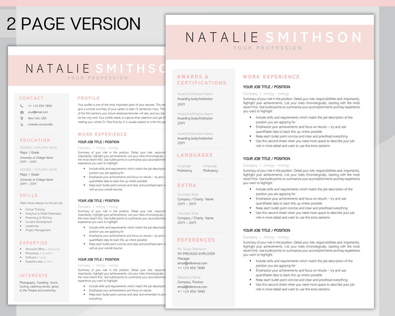 K&ouml;nnte beinhalten: Eine rosa und graue Lebenslaufvorlage mit dem Namen Natalie Smithson oben. Der Lebenslauf enth&auml;lt Abschnitte f&uuml;r Kontaktinformationen, Ausbildung, F&auml;higkeiten, Expertise, Interessen, Auszeichnungen und Zertifizierungen, Berufserfahrung, Sprachen und Referenzen.