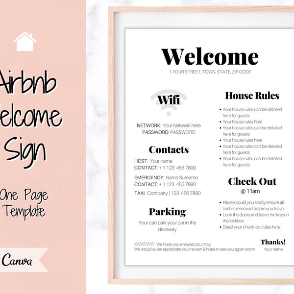 1 Page Airbnb Welcome Poster Template, Wifi Password Sign Printable, Welcome Book, House Rules, Host, Vacation Rental, Check Out Instruction