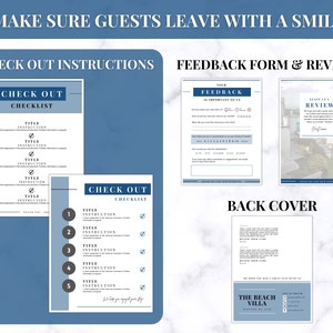 May include: A collection of printable templates for a vacation rental, including a check-out checklist, feedback form, and review request. The designs feature a blue and white color scheme with text that reads "Make sure guests leave with a smile!"