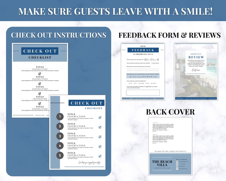 May include: A collection of printable templates for a vacation rental, including a check-out checklist, feedback form, and review request. The designs feature a blue and white color scheme with text that reads "Make sure guests leave with a smile!"