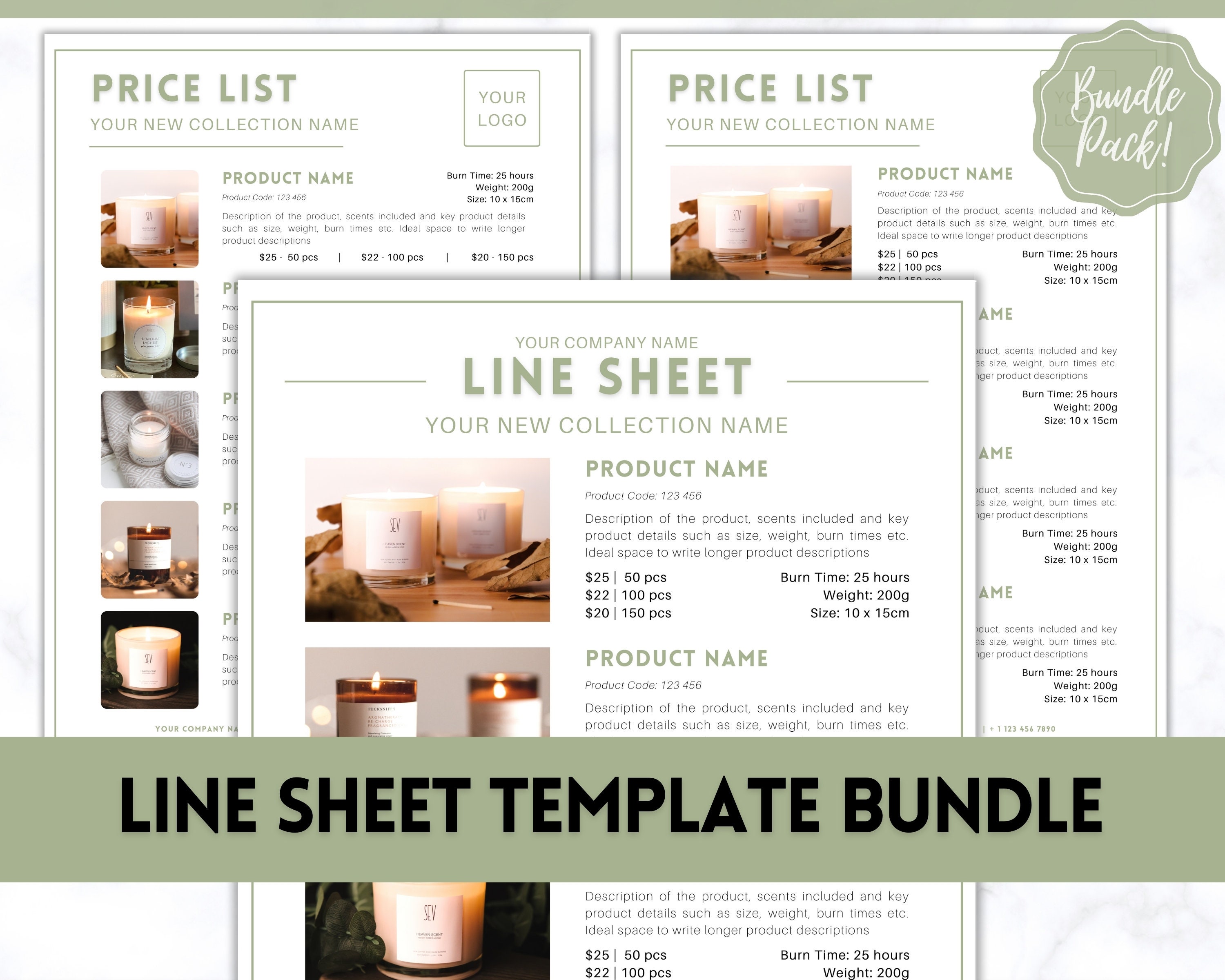 Line Sheet for Wholesale. Price List Template, Editable Candle Template Catalog, Seller shop, Product Sales Sheet, Canva Linesheet Catalogue