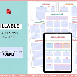 May include: A set of printable planner pages in pastel colors with a digital tablet displaying a "Getting it Together" weekly planner page. The pages include a weekly to-do list, brain dump, task triage, priority matrix, and task list. The text "FILLABLE versions also INCLUDED" and "Edit everything in PURPLE" is visible on the image.