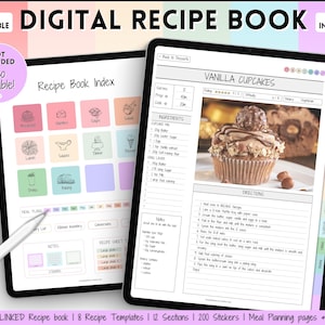 May include: A digital recipe book template on a tablet screen. The template features a recipe index with categories for breakfast, starters, soups, salads, lunch, sauces, dinner, desserts, drinks, and baking. The template also includes a meal planner, recipe sheet, and notes section. The recipe index is highlighted in pink, blue, and green. The recipe template shows a recipe for vanilla cupcakes with a picture of the cupcakes and a list of ingredients and directions.
