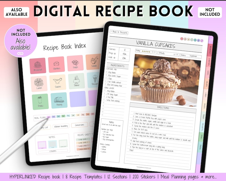 May include: A digital recipe book template on a tablet screen. The template features a recipe index with categories for breakfast, starters, soups, salads, lunch, sauces, dinner, desserts, drinks, and baking. The template also includes a meal planner, recipe sheet, and notes section. The recipe index is highlighted in pink, blue, and green. The recipe template shows a recipe for vanilla cupcakes with a picture of the cupcakes and a list of ingredients and directions.