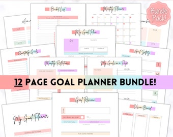 PAQUETE imprimible de Goal Tracker, Planificador de objetivos 2024, Kit de establecimiento de objetivos SMART, Año nuevo, Reflexiones de hábitos mensuales, Productividad, Tablero de visión