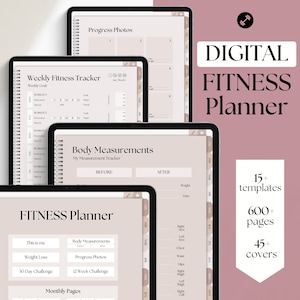 Pode incluir: Planeador de fitness digital com mais de 15 modelos, mais de 600 páginas e mais de 45 capas. O planeador inclui seções para o acompanhamento semanal do condicionamento físico, as medidas corporais, as fotos de progresso e as páginas mensais. O planeador é exibido na tela de um tablet.