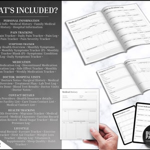 K&ouml;nnte beinhalten: Ein schwarzes und wei&szlig;es druckbares Bundle mit 50 Seiten medizinischer und gesundheitlicher Tracker. Der Text "WHAT'S INCLUDED?" befindet sich oben auf der Seite. Die Tracker umfassen pers&ouml;nliche Informationen, Schmerzverfolgung, Symptom-Tracker, Medikamente, Arzt-/Krankenhausbesuche, Kontaktinformationen, Gesundheitsverfolgung und Lebensstil.