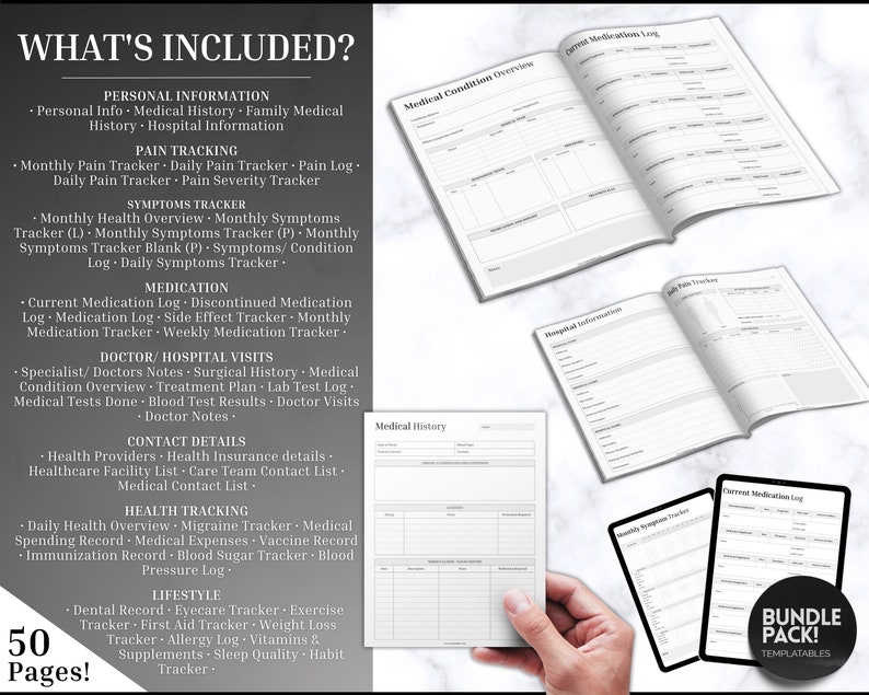 K&ouml;nnte beinhalten: Ein schwarzes und wei&szlig;es druckbares Bundle mit 50 Seiten medizinischer und gesundheitlicher Tracker. Der Text "WHAT'S INCLUDED?" befindet sich oben auf der Seite. Die Tracker umfassen pers&ouml;nliche Informationen, Schmerzverfolgung, Symptom-Tracker, Medikamente, Arzt-/Krankenhausbesuche, Kontaktinformationen, Gesundheitsverfolgung und Lebensstil.
