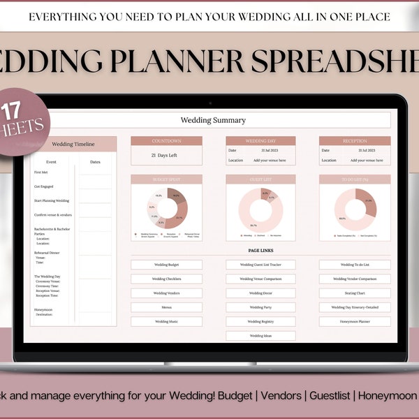 Ultimate Wedding Spreadsheet, Wedding Planning, Budget Planner, Checklist, Guest List, Google Sheets, Schedule, PINK Bridal Planner Timeline