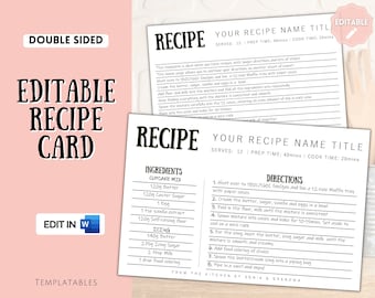EDITABLE Recipe Card template, Recipe Template, Recipe Cards Printable, Simple, Retro, 4x6, Insert, Minimal, Sheet, Recipe Box, Sheet, Book