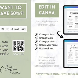 May include: Digital rental welcome bundle displayed on a tablet. The image includes text that says "Want to save 50%?!" and "Edit in Canva". The bundle allows users to change colors, fonts, photos, and text. The Creative Jam Co.