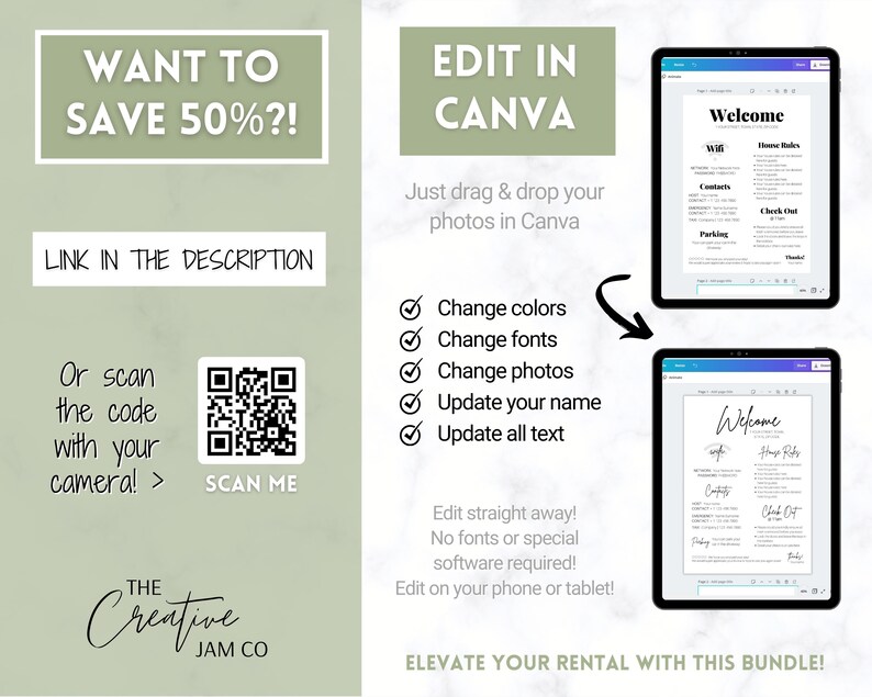 May include: Digital rental welcome bundle displayed on a tablet. The image includes text that says "Want to save 50%?!" and "Edit in Canva". The bundle allows users to change colors, fonts, photos, and text. The Creative Jam Co.