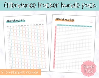May include: Two printable attendance log templates. The first template has a colorful design with peach and blue dots. The second template is a simple black and white design. Both templates have a column for each month of the year and rows for each day of the month. The text "2 Templatables included" is at the bottom of the image.