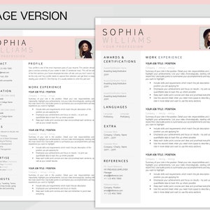 May include: A two-page resume template with a pink and white color scheme. The resume is for Sophia Williams, who is a professional in a field that is not specified. The resume includes sections for contact information, education, skills, expertise, interests, work experience, awards and certifications, languages, extra, and references.