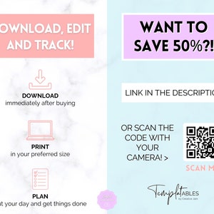 May include: Pink and white graphic with the text "Download, Edit and Track!" and a download icon.  The graphic also includes a laptop, a checklist, and a QR code.  The text "Want to Save 50%?!" is in a pink box.  The text "Link in the description" and "Or scan the code with your camera!" are also included.