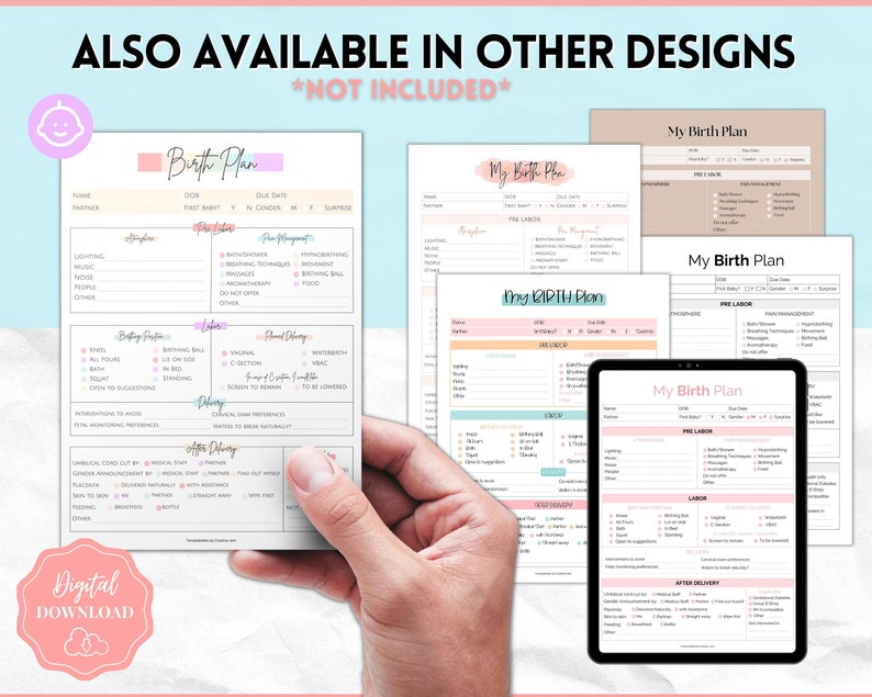 Op de afbeelding: Een digitale download van een afdrukbare geboorteplan sjabloon. De sjabloon is ontworpen om ouders te helpen bij het plannen van de geboorte van hun baby. De sjabloon bevat secties voor de pre-arbeid, arbeid, bevalling en na de bevalling. De sjabloon is beschikbaar in meerdere ontwerpen.
