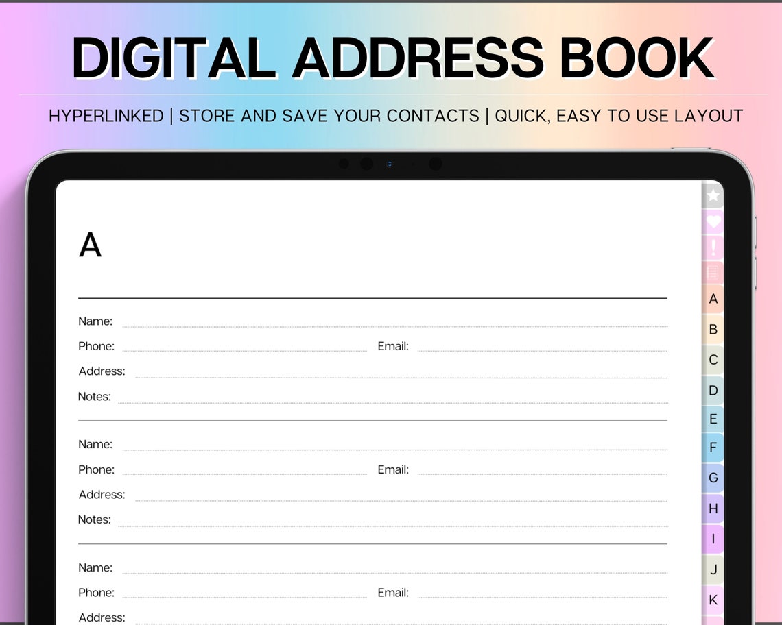 Sample Digital Address Form Address Book, Digital Address Book With Tabs, Contact List, Guest ...