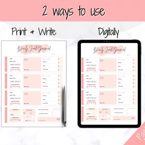 Op de afbeelding: Een digitaal printbaar dagelijks voedingsdagboek met een roze aquarel achtergrond. Het dagboek bevat secties voor maaltijdgrootte, tijd, thuis of afhalen, hongerschaal, waarom, voor en na, en hydratatie. Het dagboek kan worden afgedrukt en beschreven of digitaal worden gebruikt.