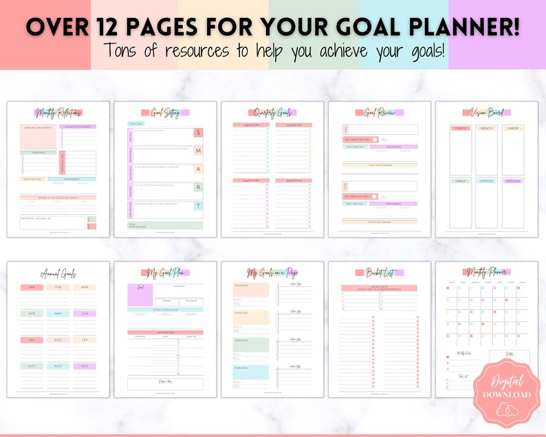 Goal Planner BUNDLE, 2024 Goals Tracker, SMART Goal Setting Kit, New Year, Monthly Habits Reflections, Productivity, Vision Board Printables image 2