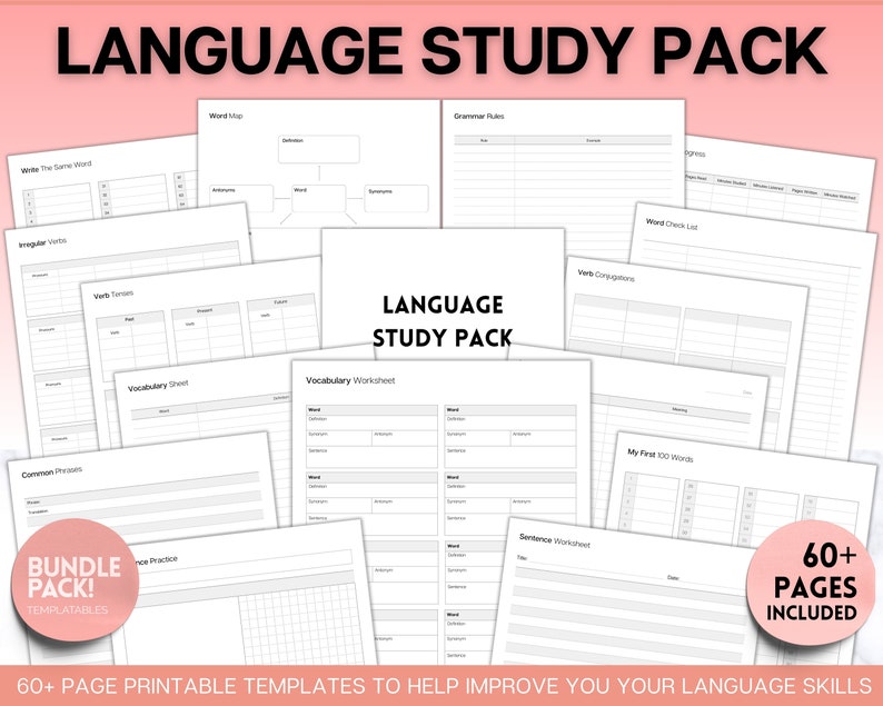 Language Learning Planner, Study Korean, Japanese, Spanish, French, English, Language Templates, Trackers, Notebook, Student Vocab Workbook