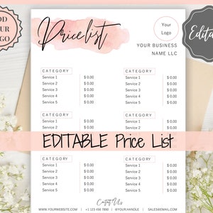 PRICE LIST Template Editable. Printable Price Sheet, Price Guide, Hair Salon, Hairdresser, Beauty, Pink Watercolor, Custom Menu, Pricing