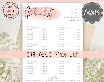 PRICE LIST Template Editable. Printable Price Sheet, Price Guide, Hair Salon, Hairdresser, Beauty, Pink Watercolor, Custom Menu, Pricing