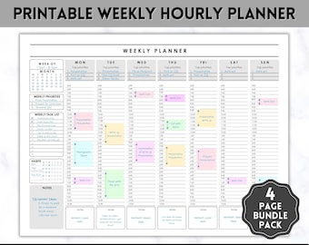 Puede incluir: Un planificador horario semanal imprimible con un calendario, prioridades semanales, una lista de tareas semanales y un rastreador de hábitos. El planificador está diseñado para una semana que comienza el lunes y termina el domingo. Incluye una sección de notas y un paquete de 4 páginas.