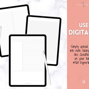 Puede incluir: Tres p&aacute;ginas de planificador digital mostradas en pantallas de tableta. Las p&aacute;ginas est&aacute;n rayadas, cuadriculadas y tienen una secci&oacute;n para notas. El texto "USAR DIGITALMENTE" se muestra en un fondo rosa con el texto "Simplemente cargue archivos PDF en aplicaciones para tomar notas como GoodNotes en su tableta *No hipervinculado" debajo.