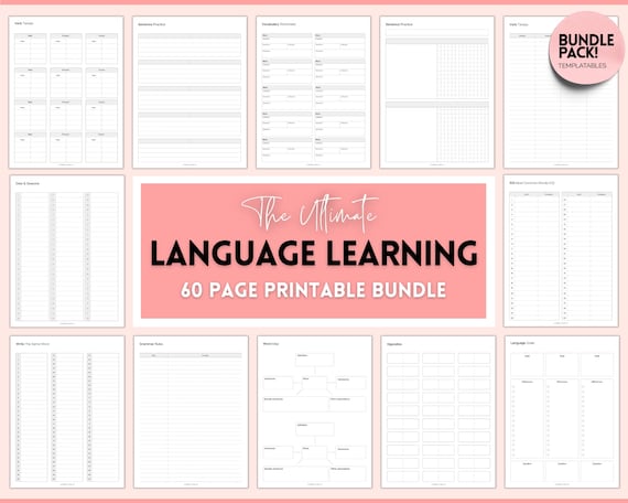 Language Learning Planner, Study Korean, Japanese, Spanish, French, English, Language Templates, Trackers, Notebook, Student Vocab Workbook