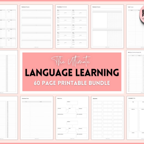 Language Learning Planner, Study Korean, Japanese, Spanish, French, English, Language Templates, Trackers, Notebook, Student Vocab Workbook